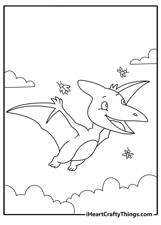 Winged dinosaur with insect coloring sheet for kids