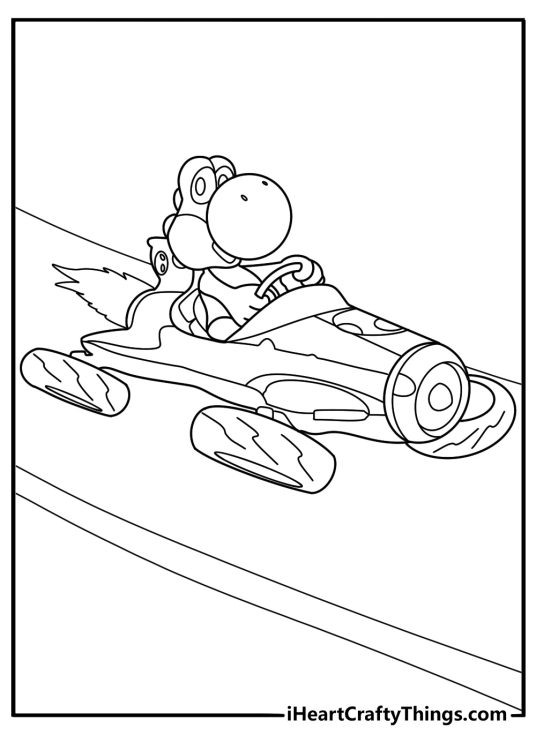 Yoshi drifting in a kart with boost sparks coloring page printable pdf