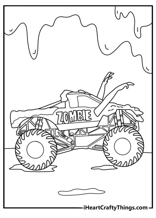 Zombie monster truck coloring page with cracked hood and wild engine pipes