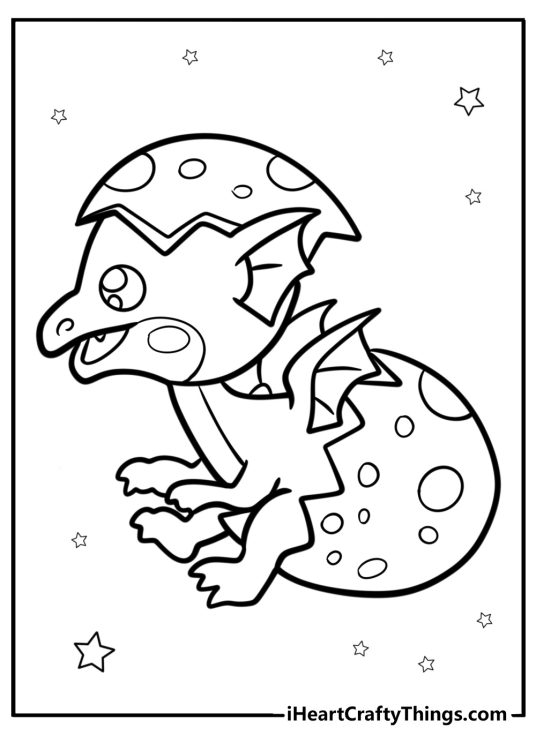 Coloring drawing featuring baby dragon hatching from an egg with stars in the background