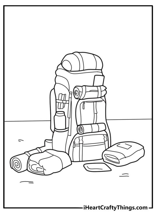 backpack layout coloring sheet detailed hiking pack items