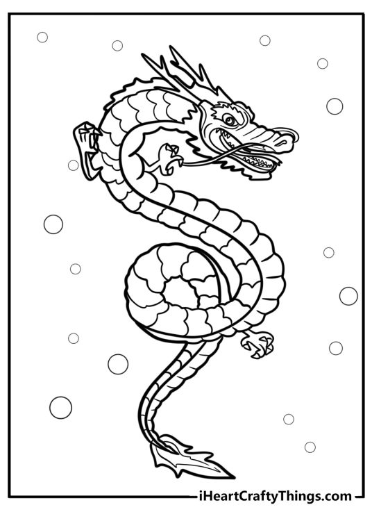 Detailed coloring picture featuring snake-like dragon with long body surrounded by circles