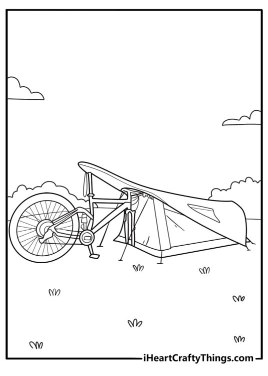bikepacking campsite with bicycles and small tarp coloring page