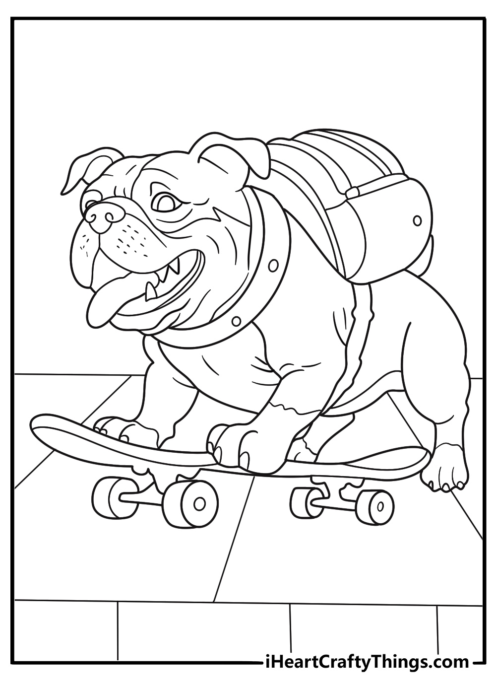 bulldog riding a skateboard on a city sidewalk