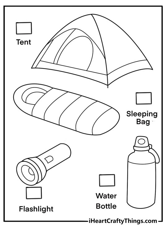 camping gear checklist coloring page printable pdf for kids