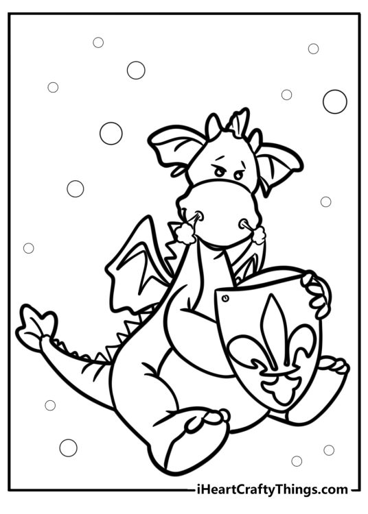 Free coloring printable featuring cartoony dragon sitting and holding a shield with bubbles all around him