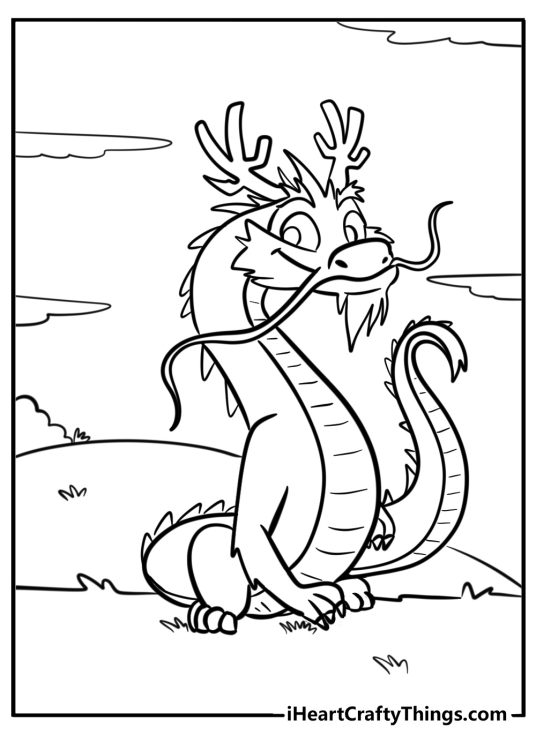 Coloring illustration featuring cartoony dragon with long whiskers and forked horns