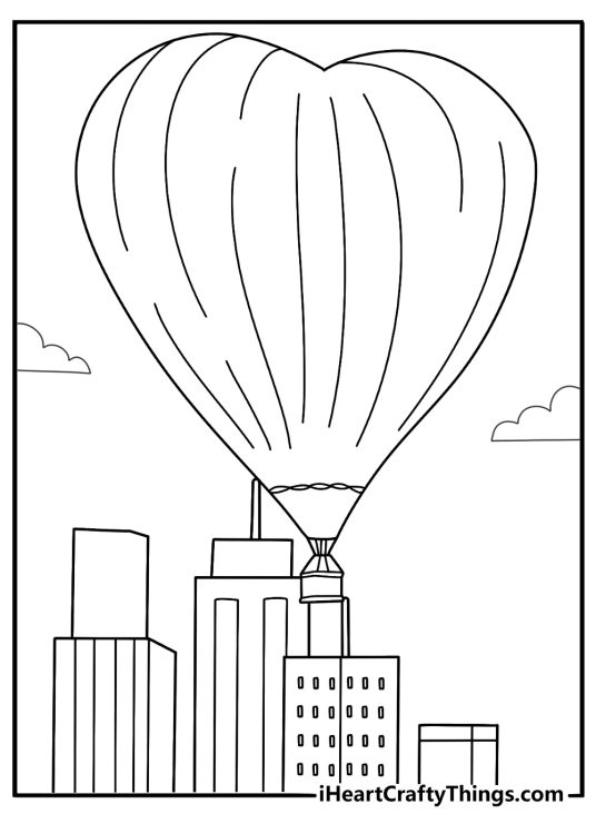 cartoon heart shaped hot air balloon floating above houses coloring sheet
