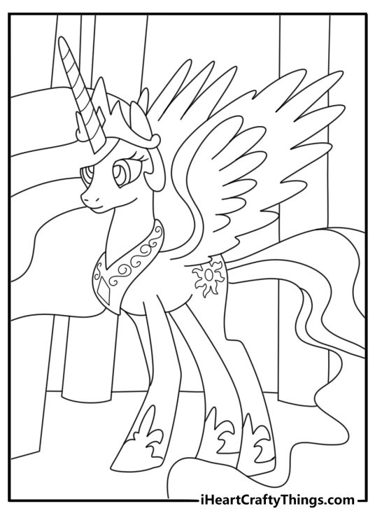 celestia my little pony coloring page with a royal alicorn walking through palace doors