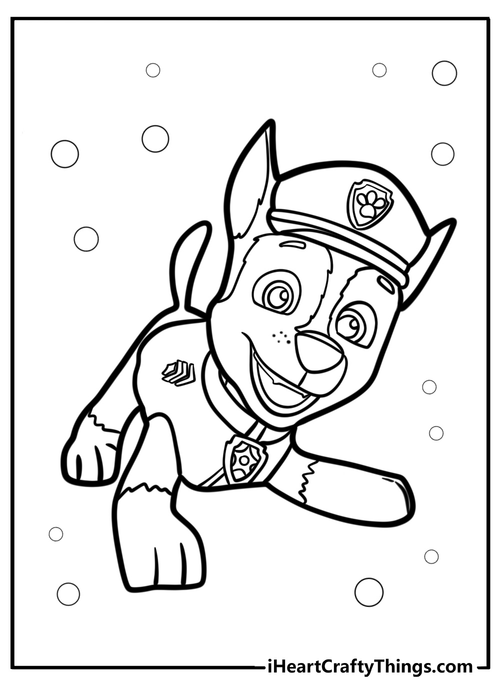 Free printable pdf for kids featuring playful Chase from Paw Patrol with bubbles in the background