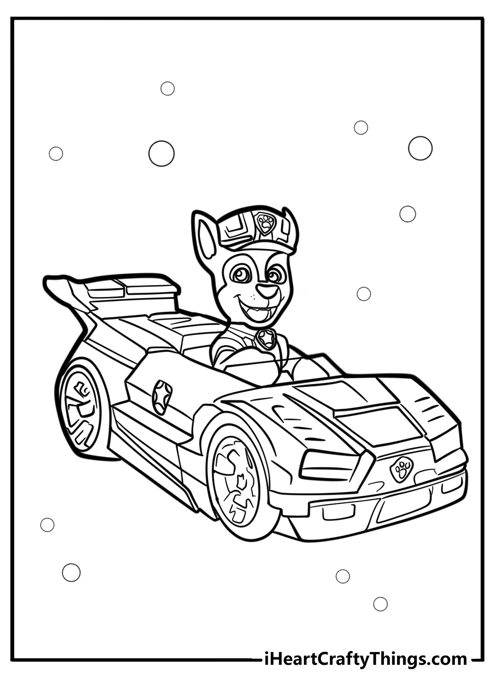 Detailed Paw Patrol coloring page for kids presenting character Chase in his police car