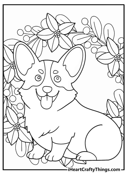 corgi framed by a floral wreath spring blooms