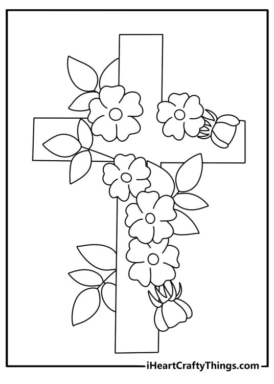 cross with flowers coloring page