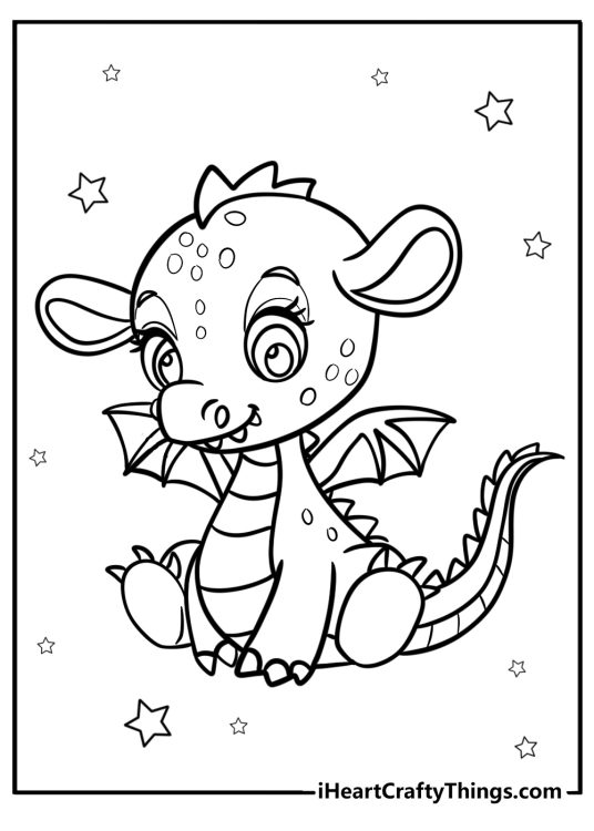 Coloring picture for kids presenting cute baby dragon with spots on the face and body