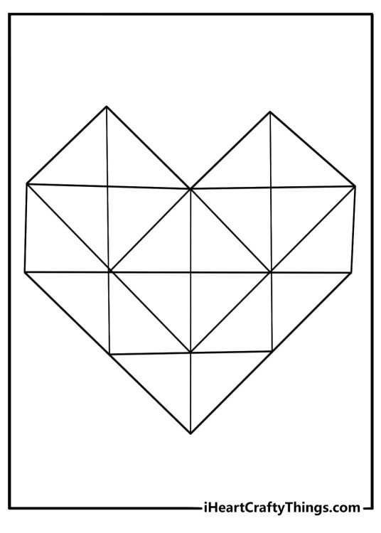 detailed geometric heart built from triangles and squares coloring sheet