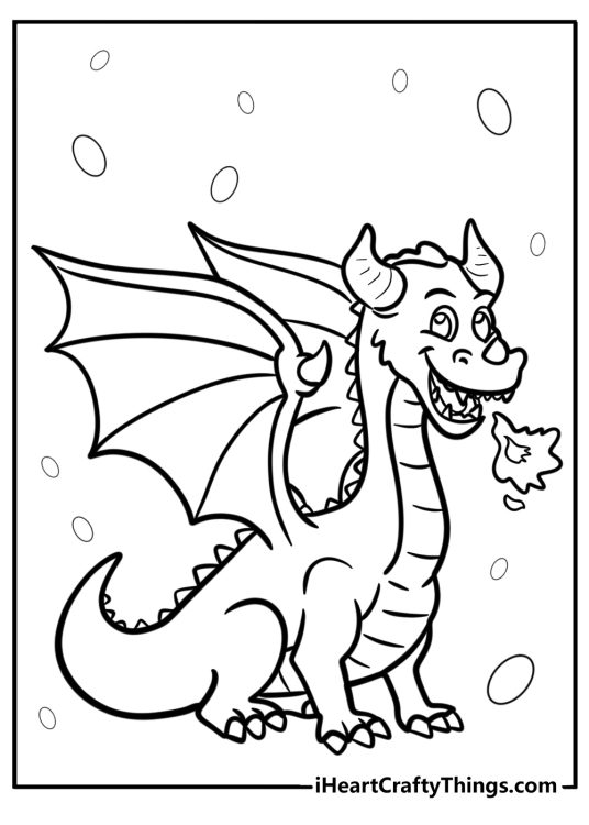Coloring sheet presenting cartoony dragon breathing fire with bubbles in the background