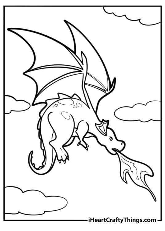 Coloring image for children capturing flying dragon beathing fire high in the sky