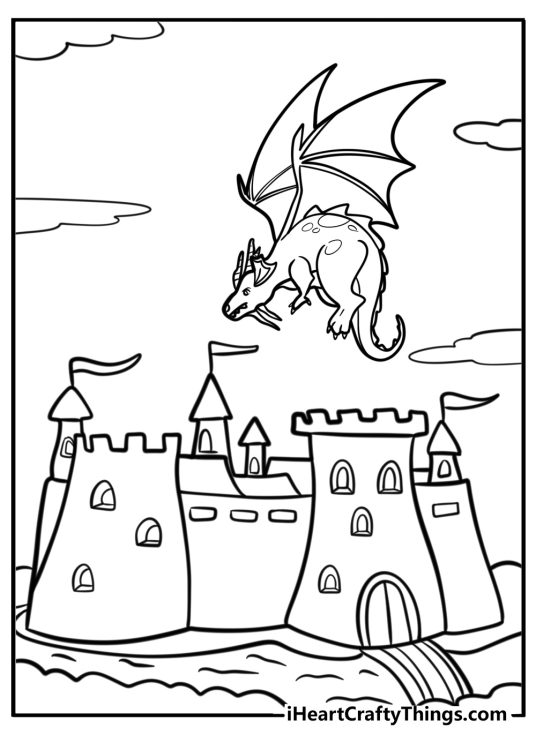 Dragon-themed printable featuring big dragon flying over a castle surrounded by water