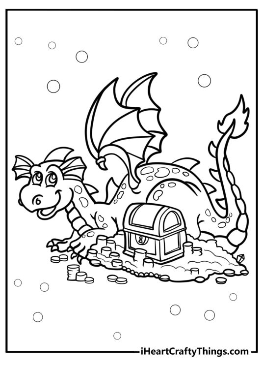 Detailed coloring illustration for kids featuring cartoony dragon protecting a treasure