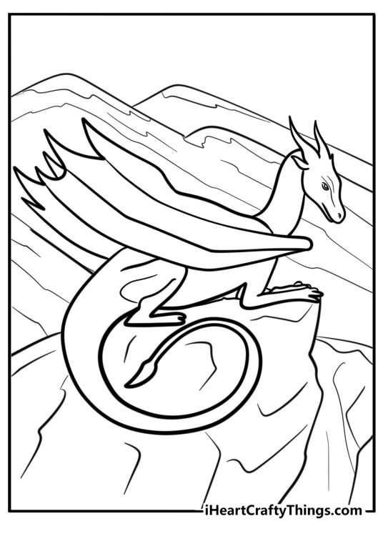Printable coloring pdf featuring dragon resting on a rock with mountains in the background