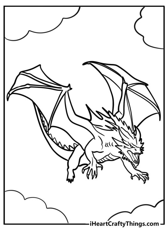 Black-and-white picture featuring flying dragon with big wings sharp teeth and claws