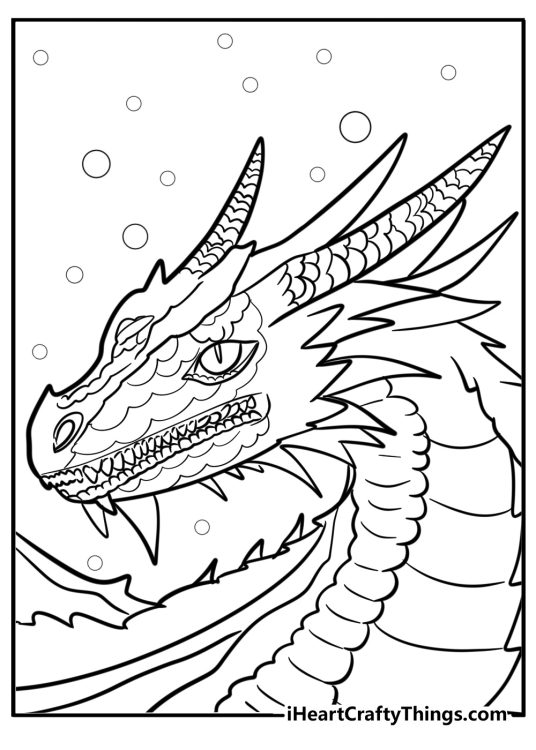 Printable page featuring close-up portrayal of a dragon with scales all over the face and horns