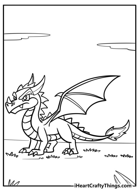 Coloring image presenting angry-looking cartoony dragon posing on a grassy terrain