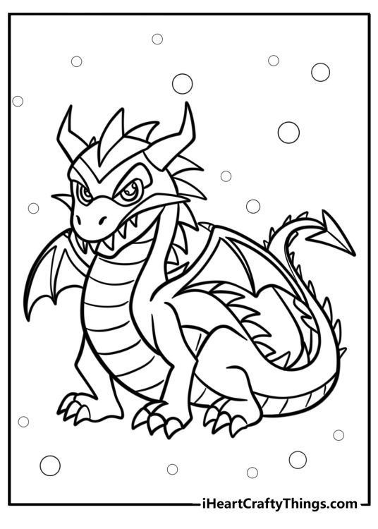 Free printable for children featuring cartoony dragon with spikes on the back and tail