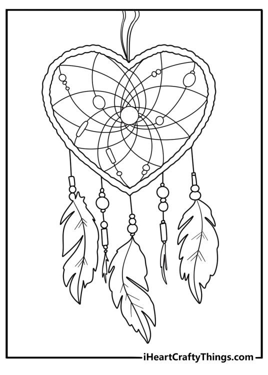 easy heart dreamcatcher with feathers hanging below printable coloring page