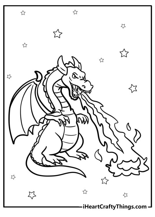 Printable poster presenting dragon standing on its hind legs and breathing fire with stars all around him