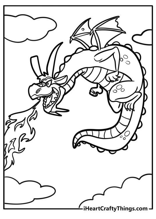 Coloring image for kids showing cartoony fire-breathing dragon flying among clouds