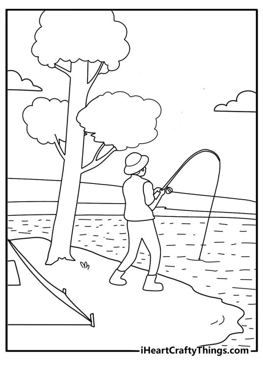 fishing at quiet lake near woods camping coloring page printable