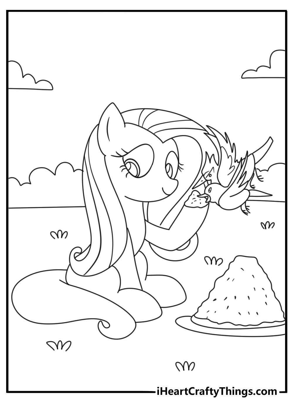 fluttershy my little pony coloring page with a gentle pegasus feeding birds near flowers