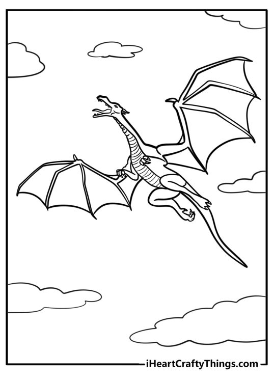 Picture presenting flying dragon with huge wings and long tail surrounded by clouds