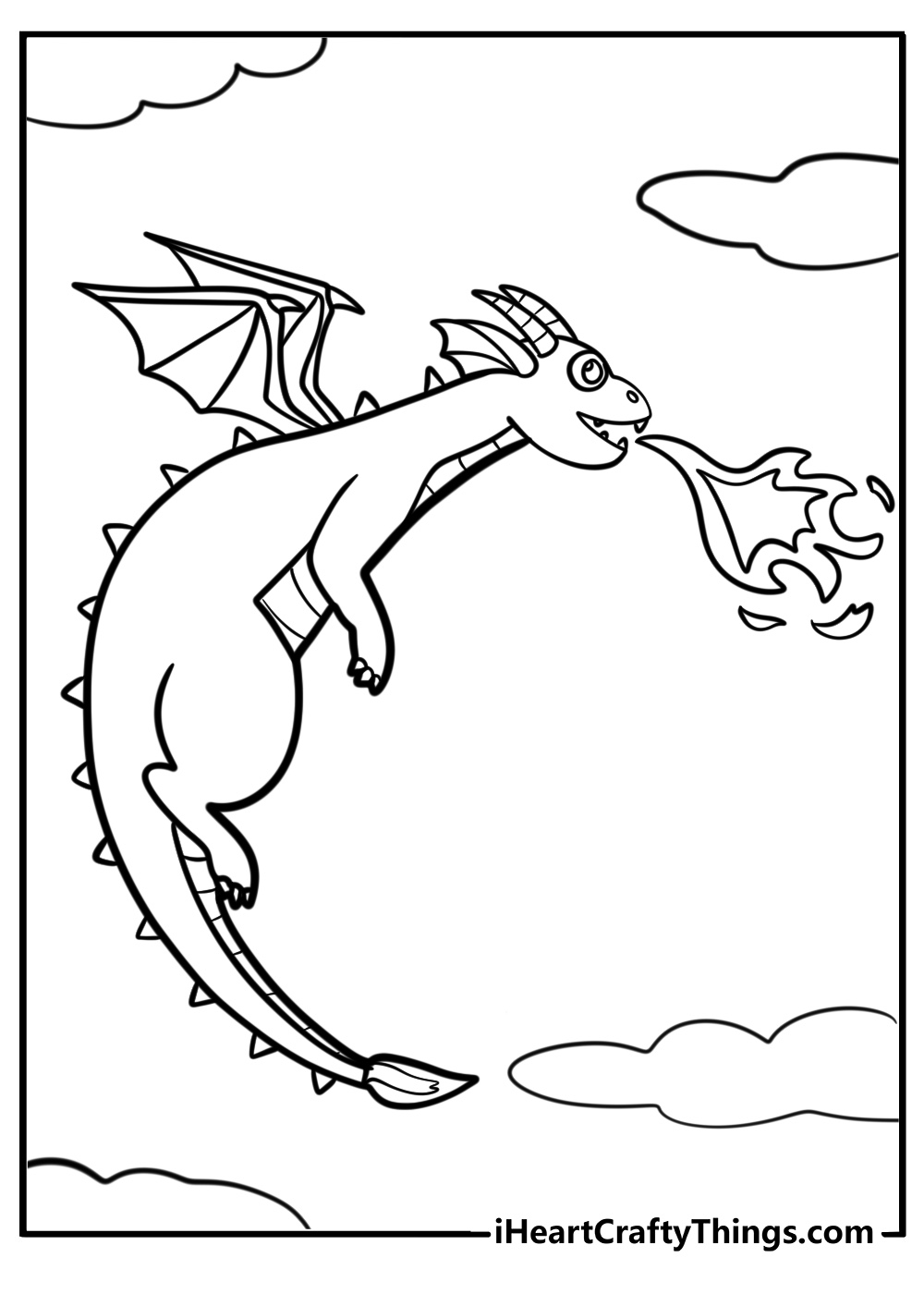 Flying dragon with fire coming from its mouth coloring page