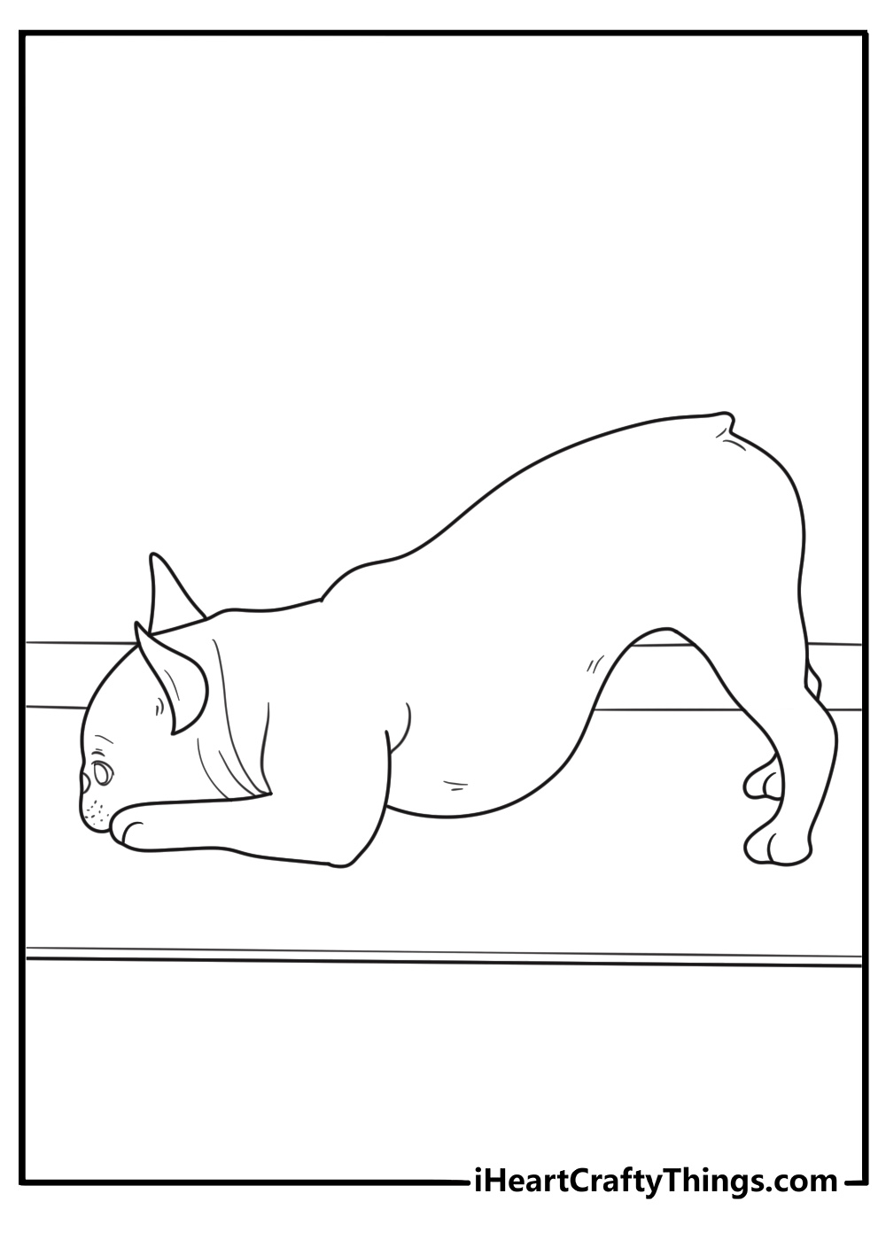 french bulldog doing downward dog pose on a yoga mat