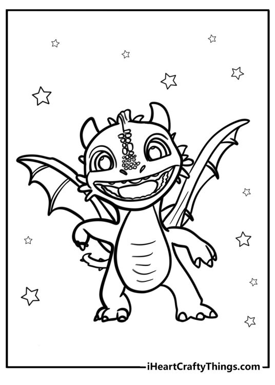 Free printable coloring page of a little dragon with wide open mouth surrounded by stars