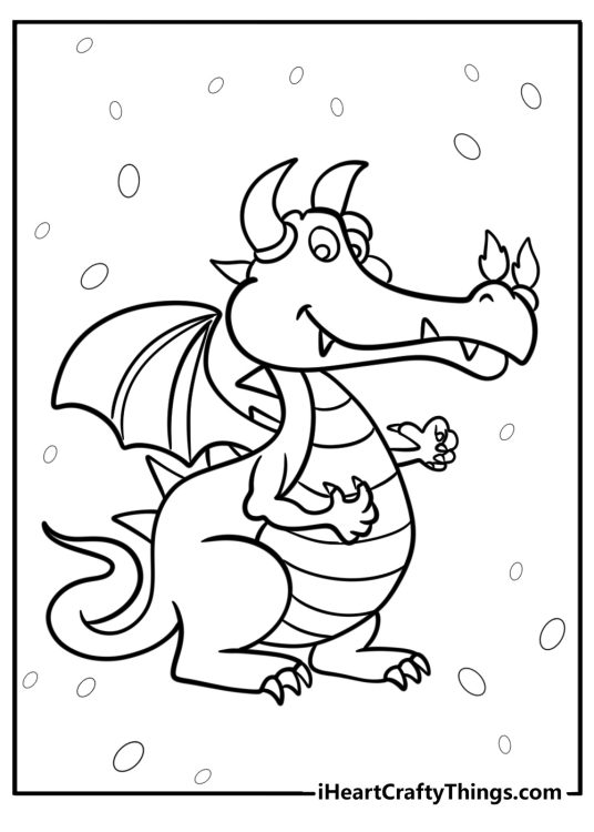 Coloring page for pre-schoolers featuring cartoony dragon standing on hind legs surrounded by stars