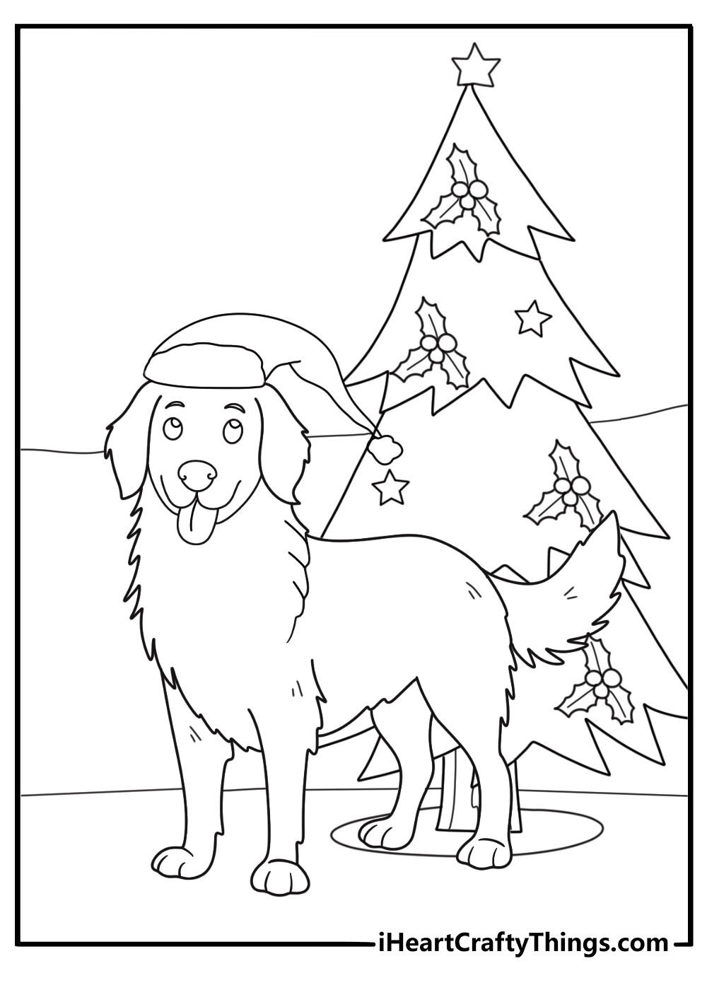 golden retriever by a christmas tree wearing a santa hat