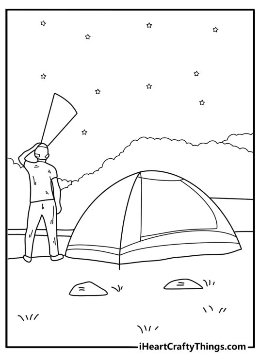 headlamp night hike under stars camping coloring page for kids