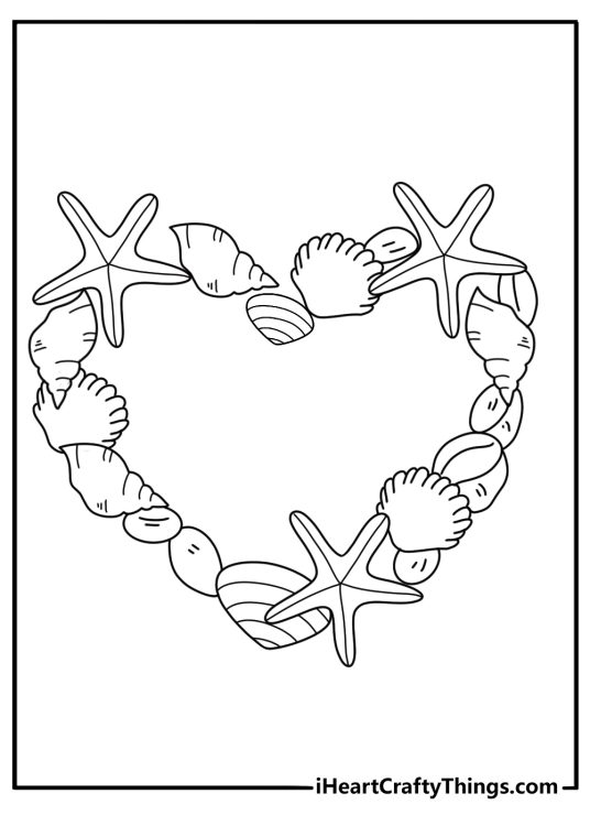 heart shaped wreath made of seashells and starfish fun coloring page for kids