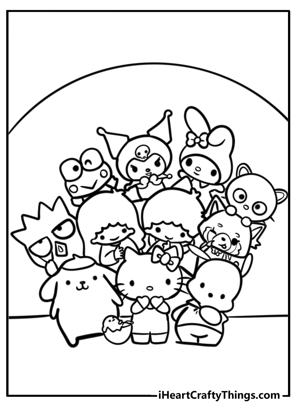 Hello kitty and her friends together coloring page for kids