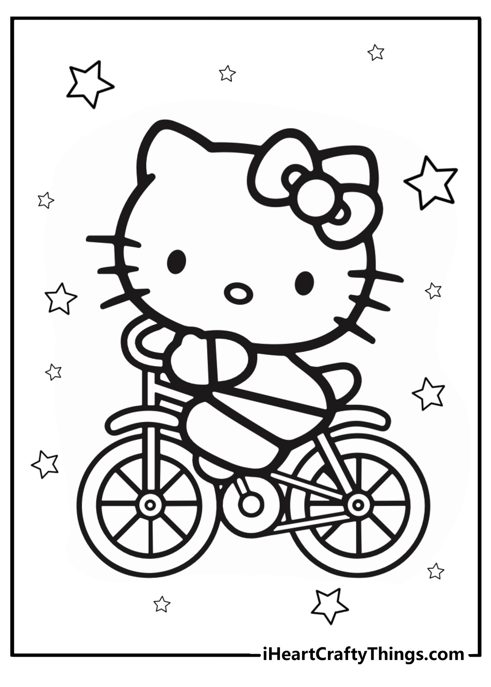 Hello kitty riding a bicycle free printable coloring page