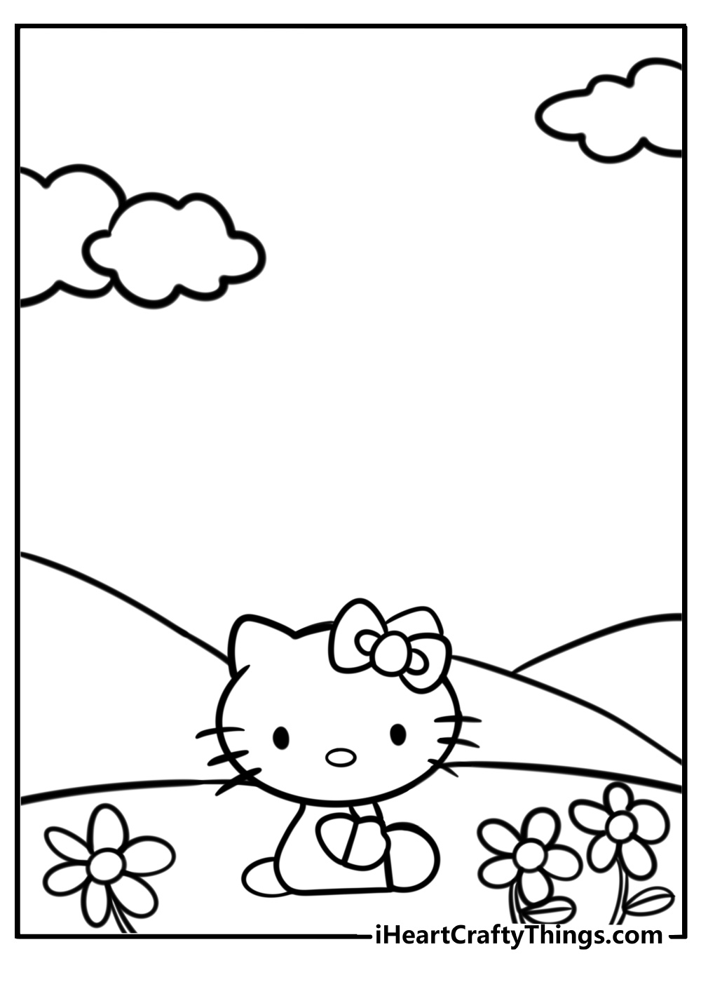 Hello kitty sitting in a garden free coloring page