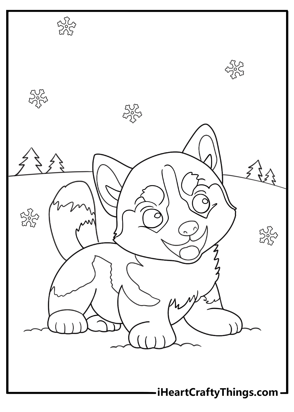 husky puppy coloring page with snowflakes in winter