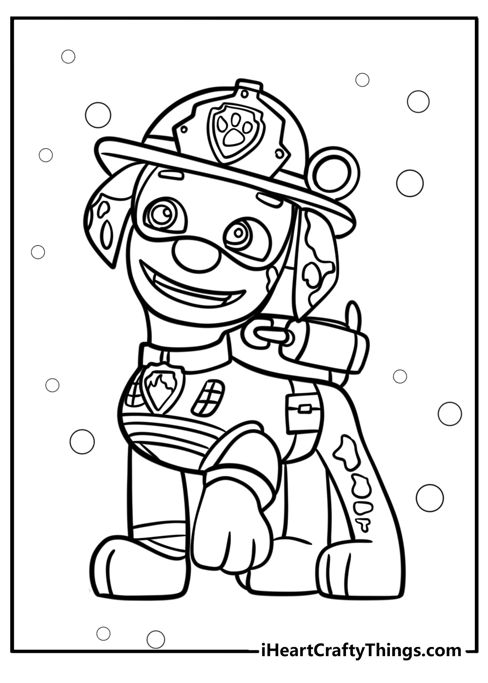 Printable coloring sheet for children presenting fire pup Marshall from Paw Patrol