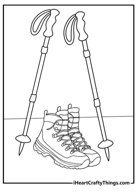 mountain trail hiking boots and trekking poles coloring page