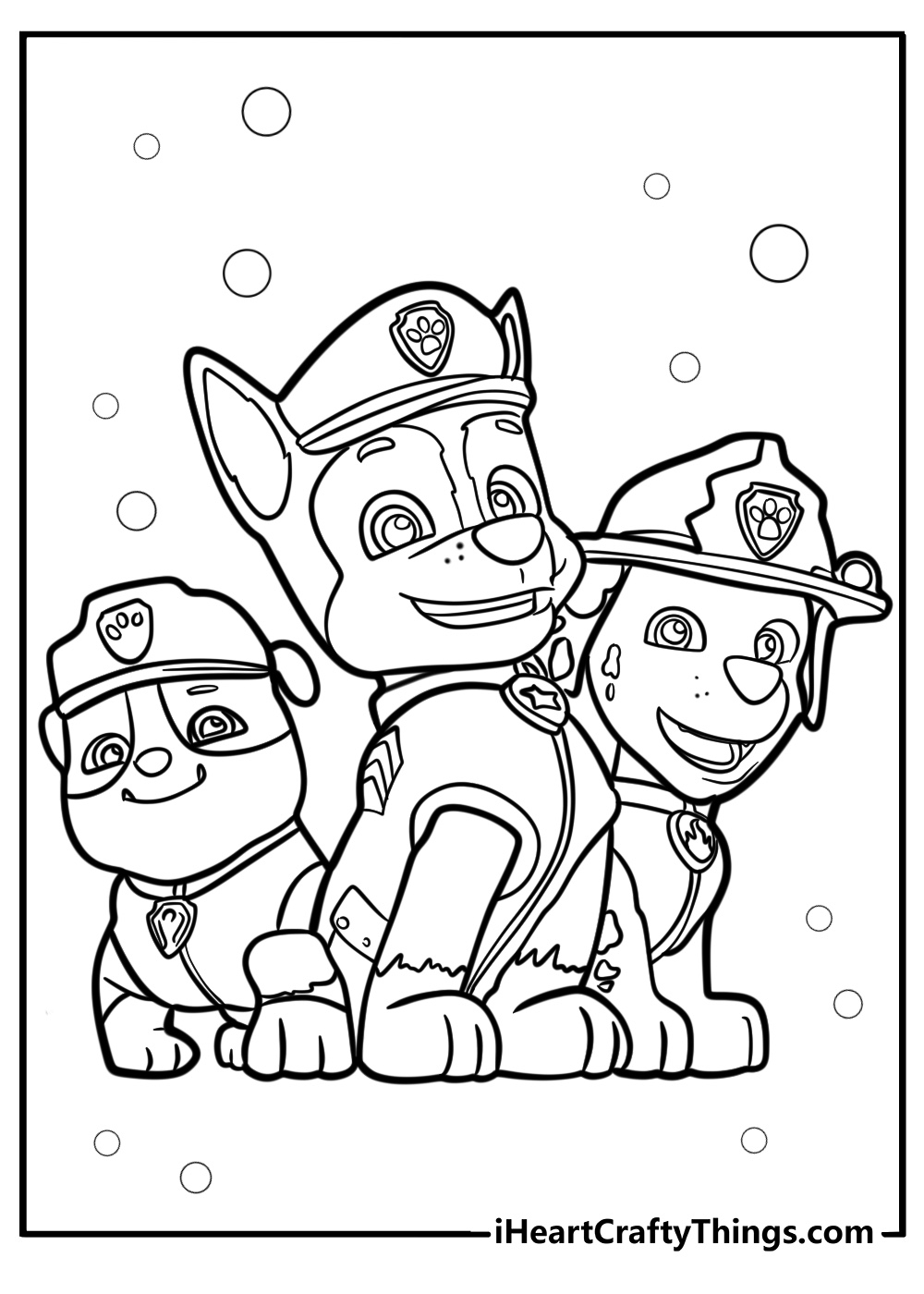 Paw Patrol team of three - Rubble Chase and Marshall featured on printable coloring page for kids