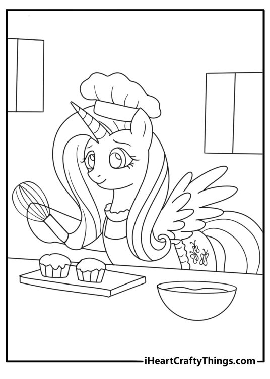 pinkie pie my little pony coloring page with a pony baking cupcakes in a kitchen