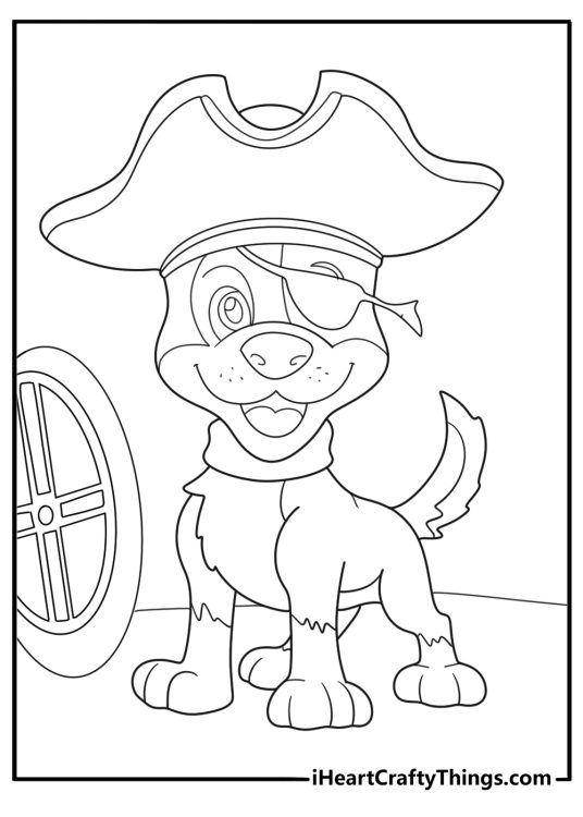 pirate puppy with an eye patch at a tiny ship wheel